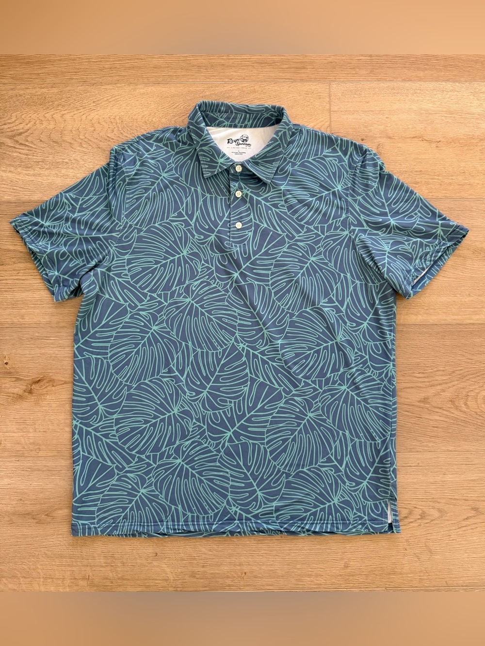 Reyn Spooner Mega Monstera Performance Polo Large Blue Teal